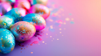 Obraz premium Holographic metallic painted Easter eggs on gradient background with copy space, vivid colorful Easter banner.