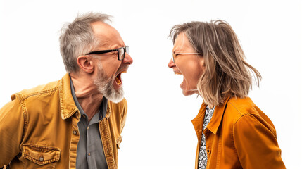 Mid aged couple yelling at each other isolated on white, studio shot, concept for marriage problem, temper control and human relationships
