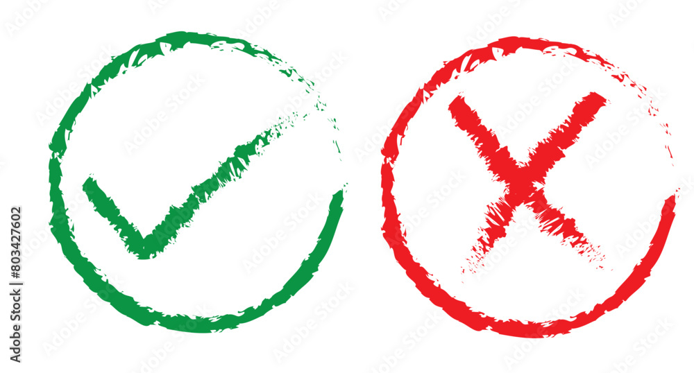 Poster hand drawn yes and no buttons. hand drawn check mark and cross mark icon, vector. check mark and wro