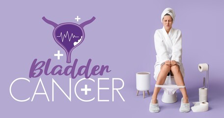 Young woman sitting on toilet bowl against lilac background. Bladder Cancer Awareness Month