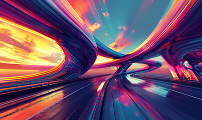 A vibrant digital art of an advanced city with complex highway overpasses. , Generate AI