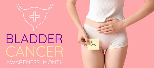 Young woman with sad emoticon on pink background, closeup. Banner for Bladder Cancer Awareness Month