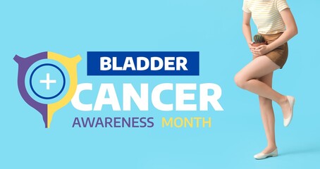 Young woman with cactus feeling discomfort on blue background. Banner for Bladder Cancer Awareness...