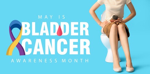 Young woman with cactus sitting on toilet bowl against blue background. Banner for Bladder Cancer Awareness Month