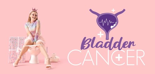Young woman sitting on toilet bowl against pink background. Banner for Bladder Cancer Awareness Month