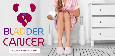 Young woman feeling discomfort while sitting on toilet bowl. Banner for Bladder Cancer Awareness...