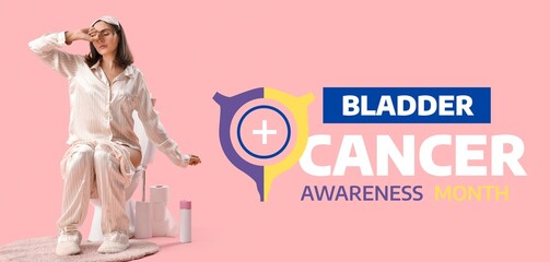Young woman sitting on toilet bowl against pink background. Banner for Bladder Cancer Awareness...