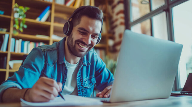 Cheerful young adult male wearing headphones and using a laptop while taking notes at a cozy home environment, demonstrating a productive and enjoyable remote learning experience