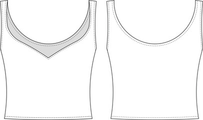deep curved v neck sleeveless shoulder straps strapped crop cropped blouse top template technical drawing flat sketch cad mockup fashion woman design style model
