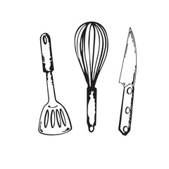 A set of kitchen utensils drawn in vector. Beating whisk, meat spatula, kitchen knife. All objects are drawn in vector on a white background. Suitable for kitchen design, fabric, tableware.