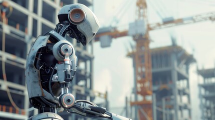 Fototapeta premium Futuristic robot with a highly detailed design at a construction site, showcasing advanced technology.