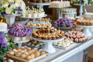 A beautifully decorated dessert table with various treats.