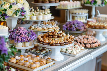 A beautifully decorated dessert table with various treats.