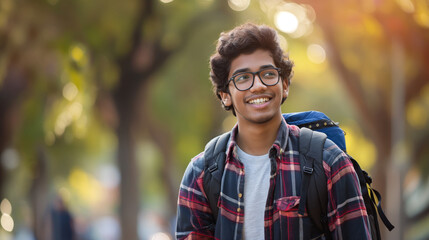 Joyful male student with glasses and a backpack is smiling outdoors, with blurry trees providing a warm, autumnal backdrop that highlights his optimism and contentment