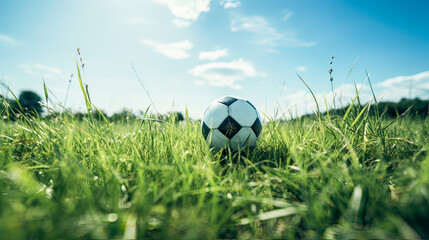 Fototapeta premium Atop the vibrant green grass, the ball symbolizes an active, healthy leisure pursuit.