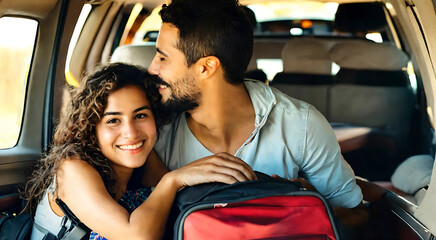 happy latin hispanic kissing Couple In Love ride inside Car on back seat. traveling backpackers latino american Couple in love with backpack kiss in taxi vehicle.