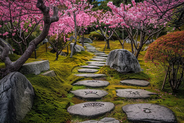 A pair of footprints on a stone pathway, winding through a Japanese garden with blooming cherry...