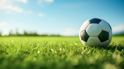 Fototapeta premium A fresh soccer ball gleams in the foreground, set upon a sprawling, lush green lawn.