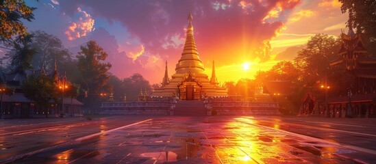 Golden Chedi of Wat Phra That Si Chom Thong Illuminated by a Rendered Sunlight
