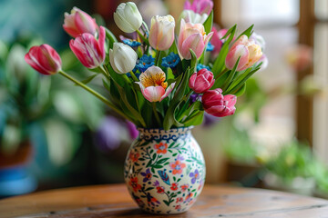 A beautiful, Easter-themed vase blooms with colorful, fresh flowers, its intricate, ceramic patterns and subtle, glossy texture creating a sense of beauty.