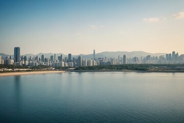 Naklejka premium city skyline at sunset