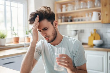Young adult male holds a glass of water while pressing his forehead, showing signs of a headache or migraine in a bright, modern kitchen setting