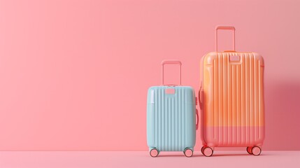 Two colorful suitcases, a light blue one and a coral pink one, on a pink background.