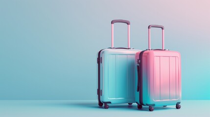 Two modern suitcases, one pink and one blue, on a smooth gradient background.