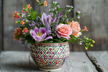A beautiful, Easter-themed planter blooms with colorful, fresh flowers, its intricate, ceramic patterns and subtle, glossy texture creating a sense of beauty.