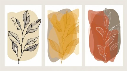 A triptych of stylized leaf illustrations in beige, yellow, and red color palettes.