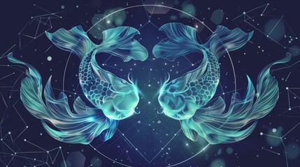 Symmetrical digital artwork of two glowing koi fish in a cosmic, geometric background.