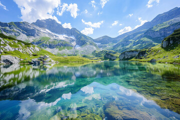 Fototapeta na wymiar A panoramic view of a pristine alpine lake, its crystal-clear waters reflecting the surrounding mountains and the blue sky above.