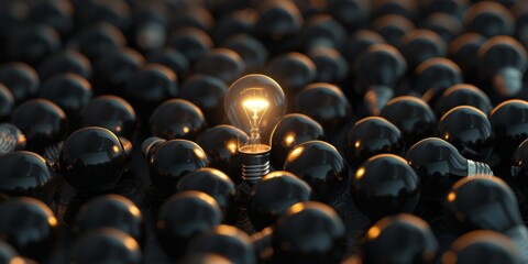 A large number of light bulbs, all black with one glowing bulb in the center Generative AI