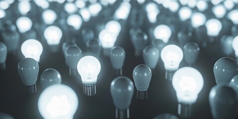 A large number of light bulbs, all white and glowing with soft light The background is dark gray Generative AI - Powered by Adobe