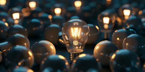 A background of glowing light bulbs, symbolizing ideas and inspiration The bulb in the center is shining brightly while others nearby are dimmed or off Generative AI
