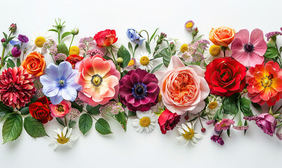A vibrant display of assorted flowers arranged in a line against a white background , Generate AI.