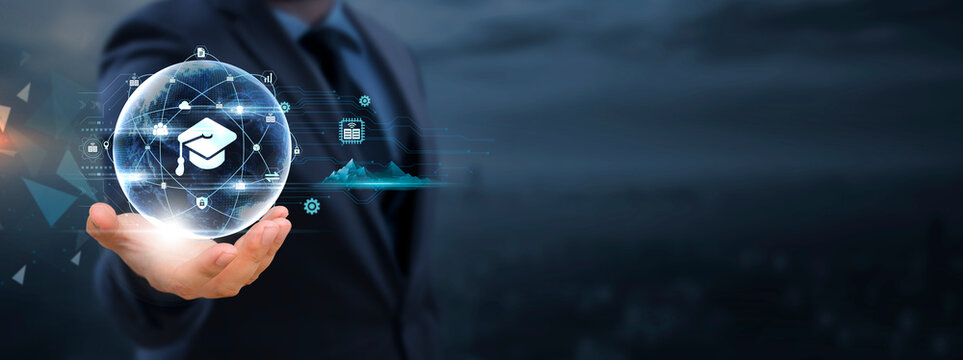 E-learning: Businessman holds global business globe with network connected to E-learning Platforms, Educational Resources, Digital Learning Initiatives.