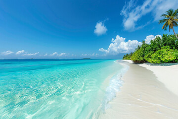 A panoramic view of a tropical beach with turquoise waters and powdery white sand, under a...