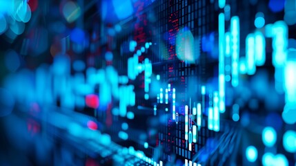 Obraz premium Abstract image of a digital financial market chart with glowing blue and red lights on a dark background.