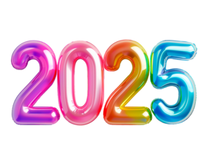 Photo with inflatable multicolored numbers 2025. Minimalistic balloon isolated on a transparent background
