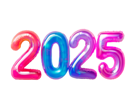 Photo with inflatable multicolored numbers 2025. Minimalistic balloon isolated on a transparent background