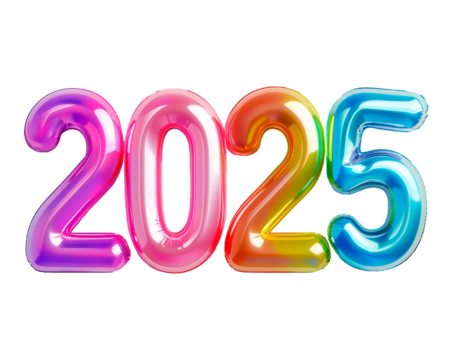 Photo with inflatable multicolored numbers 2025. Minimalistic balloon isolated on a transparent background