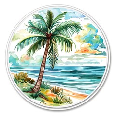 A painting of a palm tree on a beach with the ocean in the background.