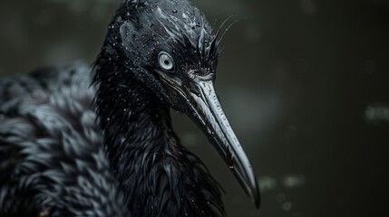 Naklejka premium Detailed image of a raven with water droplets on its feathers, showcasing its wet texture and gaze