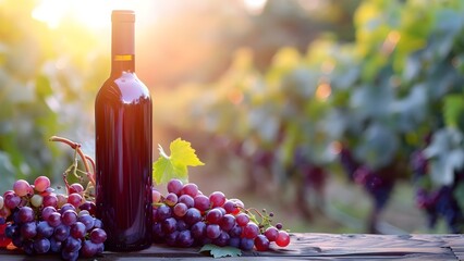 Sunset vineyard scene with red wine bottle, grapes, and wooden table. Concept Vineyard Sunset, Wine...