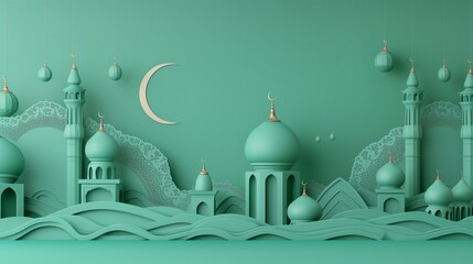 Monochrome green stylized Islamic mosques and minarets with decorative patterns and crescent moon.