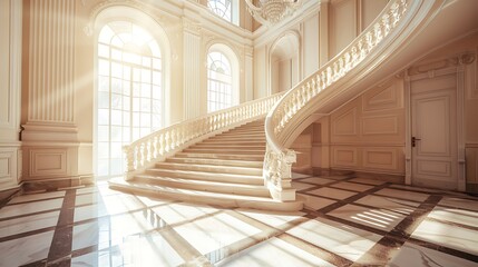 Classic and elegant stairs in hallway with sunlights througn window building interior in resident house