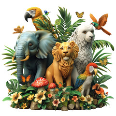A group of animals, including a lion, elephant, and parrot
