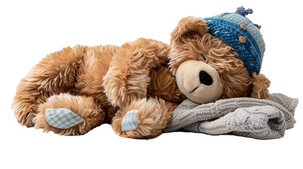 Sleeping teddy bear with a nightcap, isolated on transparent background. 