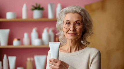 Body and skin cream promotion concept with old woman holding generic tube of cream.